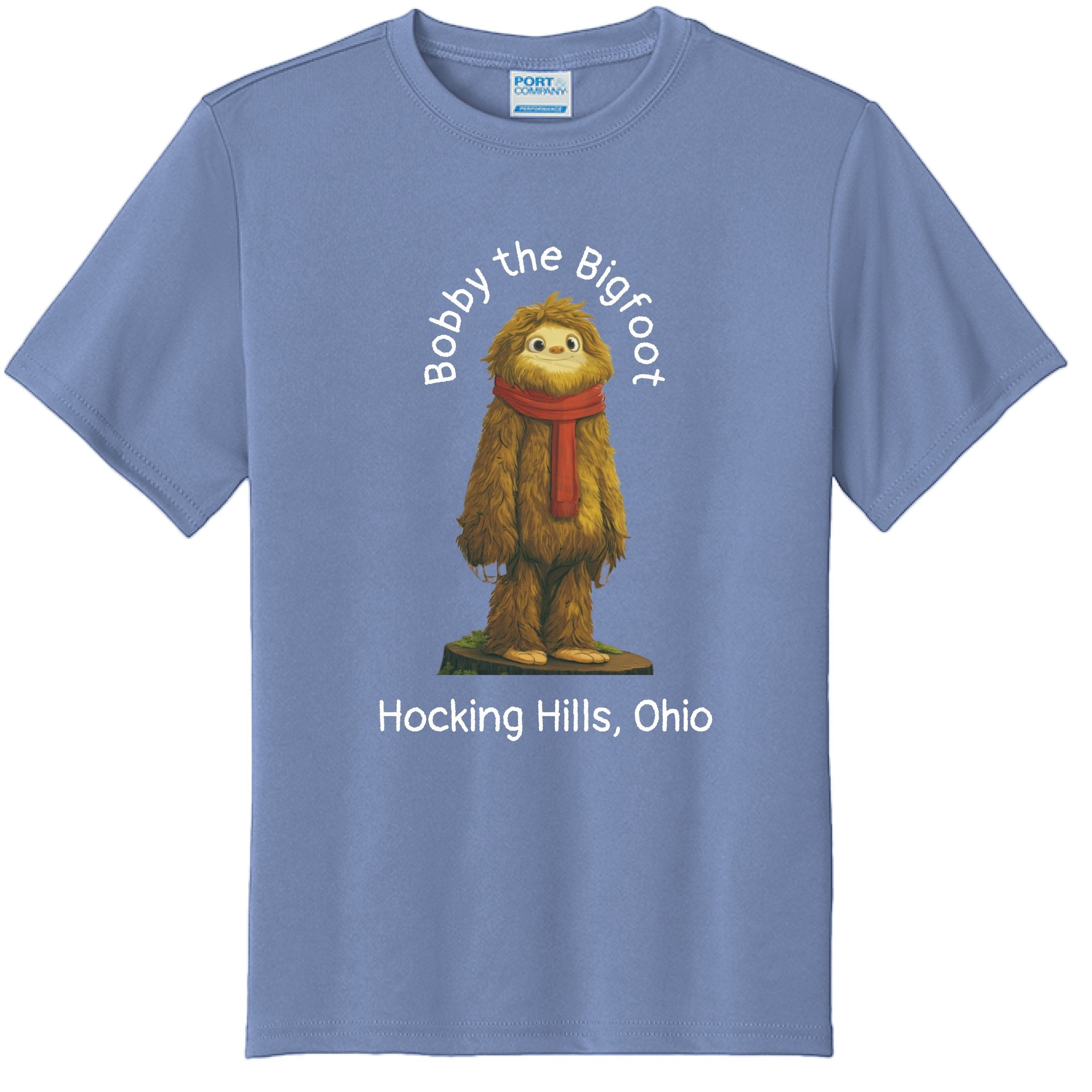 The Hocking Hills Store Bobby the Bigfoot youth t-shirt in light blue polyester with a graphic of Bigfoot and text.