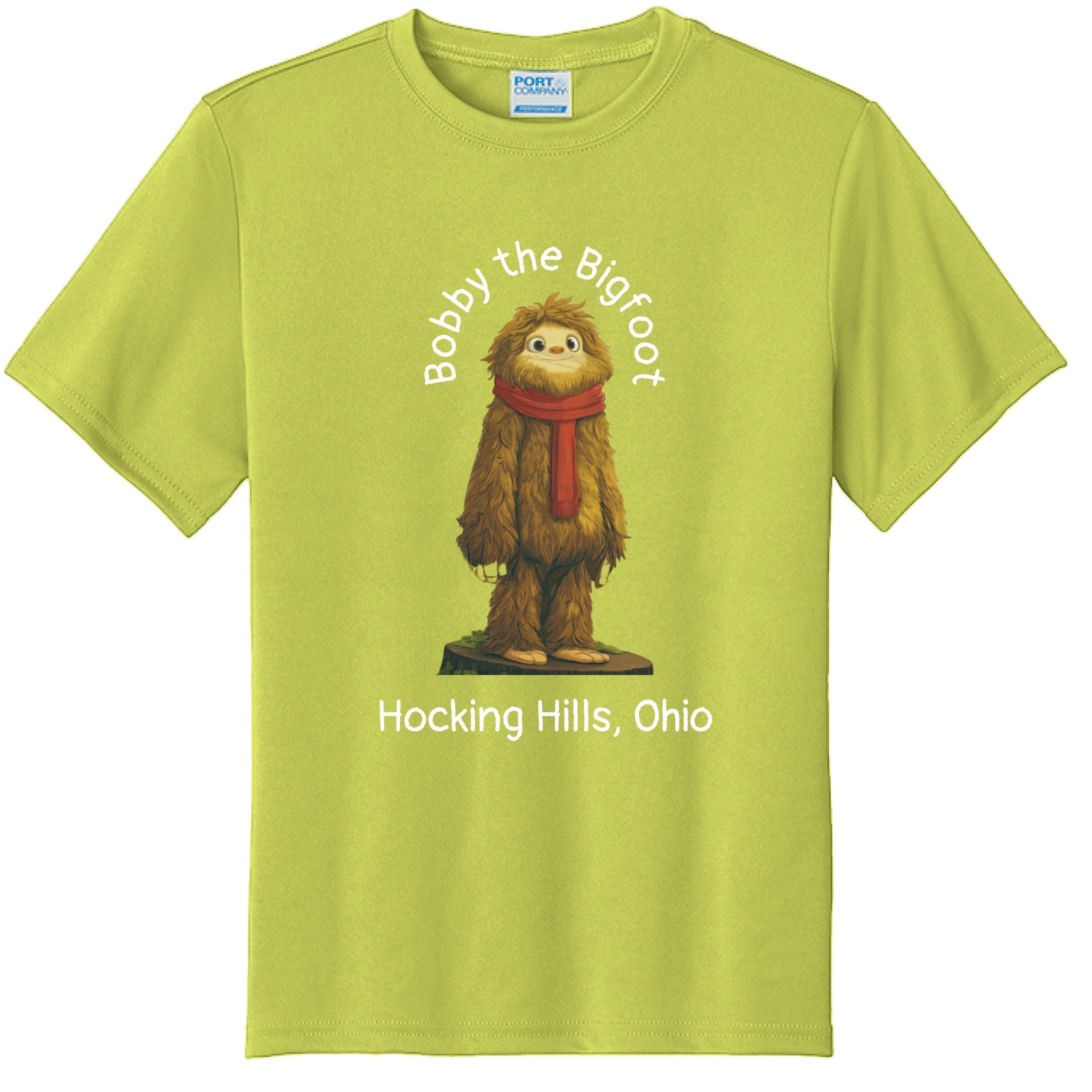 The Hocking Hills Store Bobby the Bigfoot youth performance tee in lime green, 100% polyester, with a graphic of Bobby the Bigfoot and Hocking Hills, Ohio.