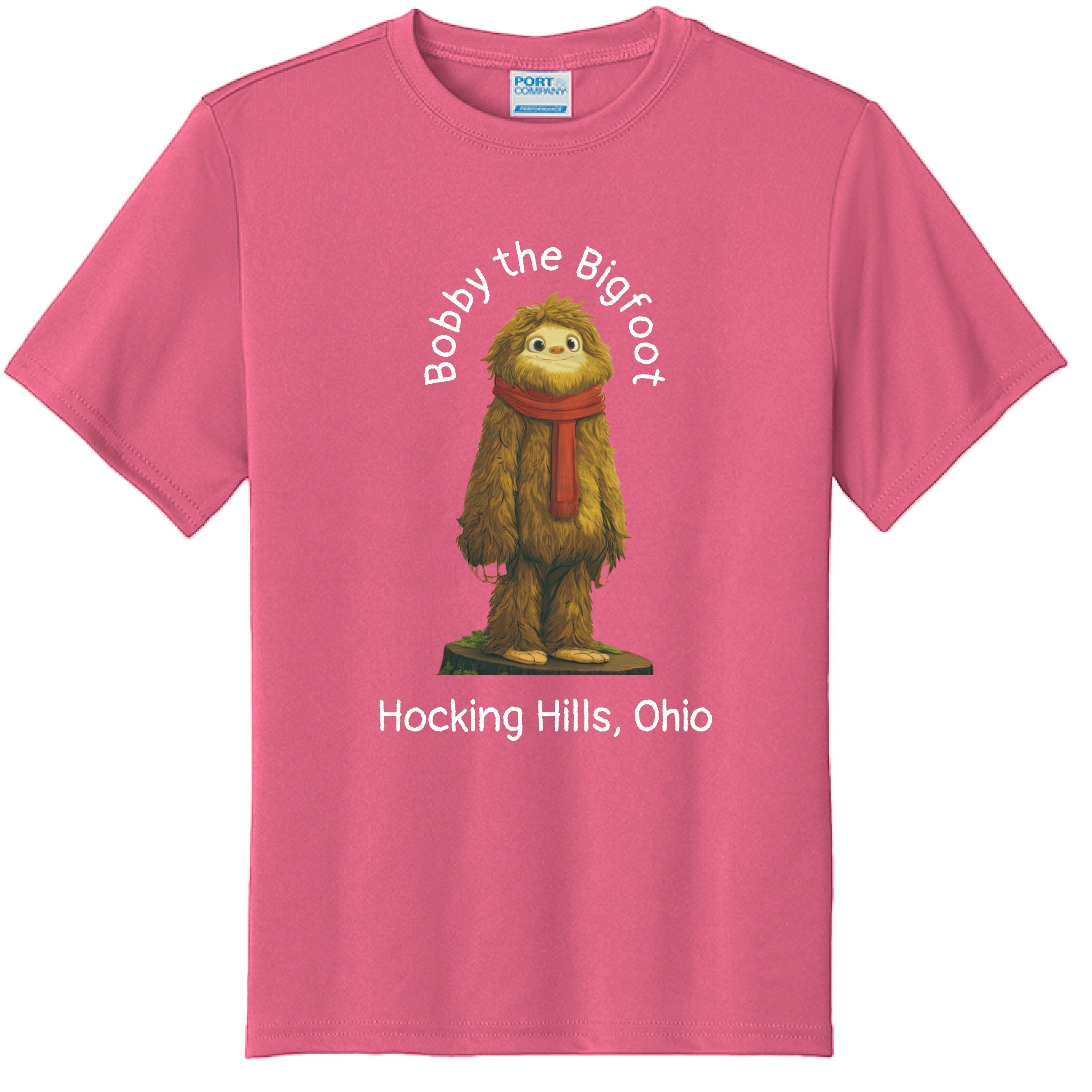 The Hocking Hills Store pink polyester youth t-shirt featuring Bobby the Bigfoot character with a red scarf and Hocking Hills, Ohio text.