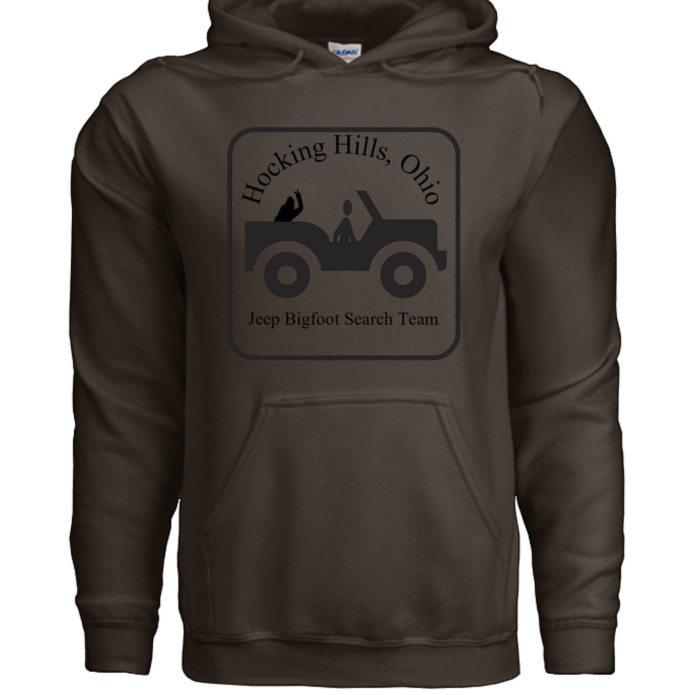 The Hocking Hills Store dark brown cotton-blend hoodie with "Hocking Hills, Ohio Jeep Bigfoot Search Team" graphic.