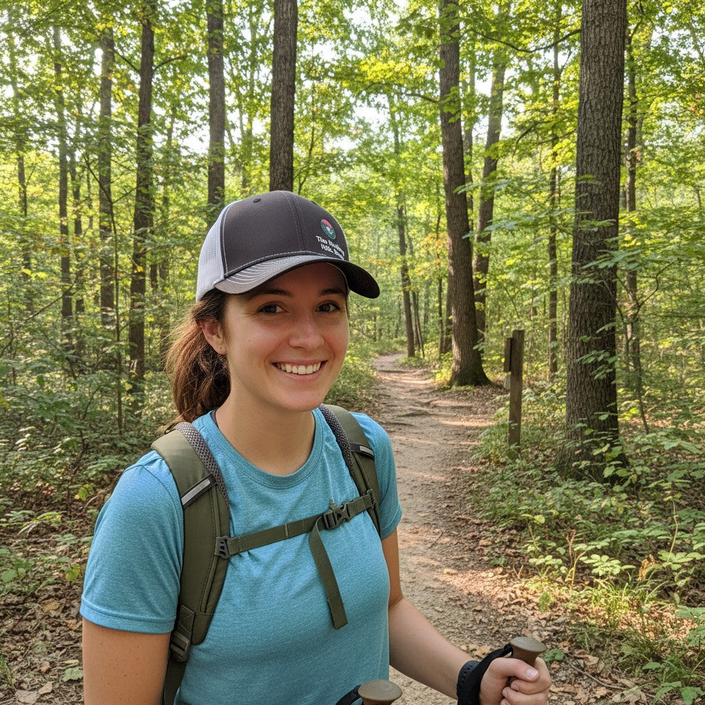 The Hocking Hills Store brown trucker hat with white mesh back and embroidered logo. Adjustable for a comfortable fit.