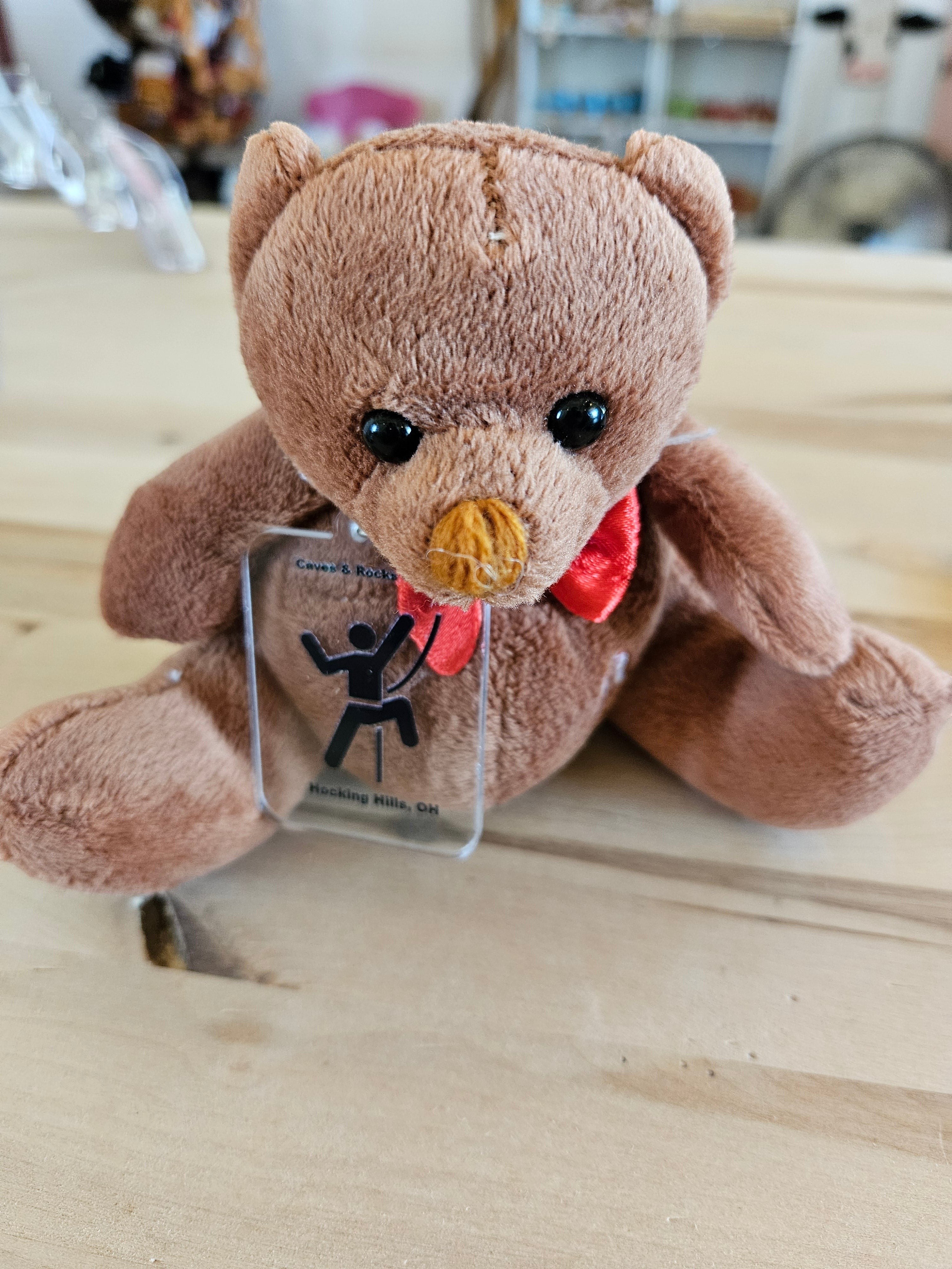 The Hocking Hills Store small brown plush teddy bear with red bow and clear tag featuring a rock climber.