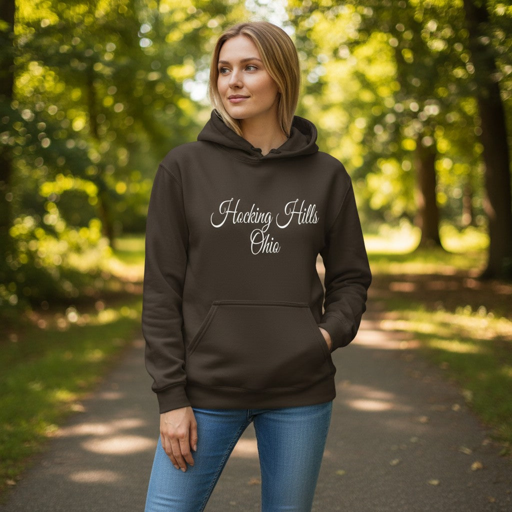 The Hocking Hills Store brown 50/50 cotton-polyester blend hoodie with white script text reading "Hocking Hills Ohio".