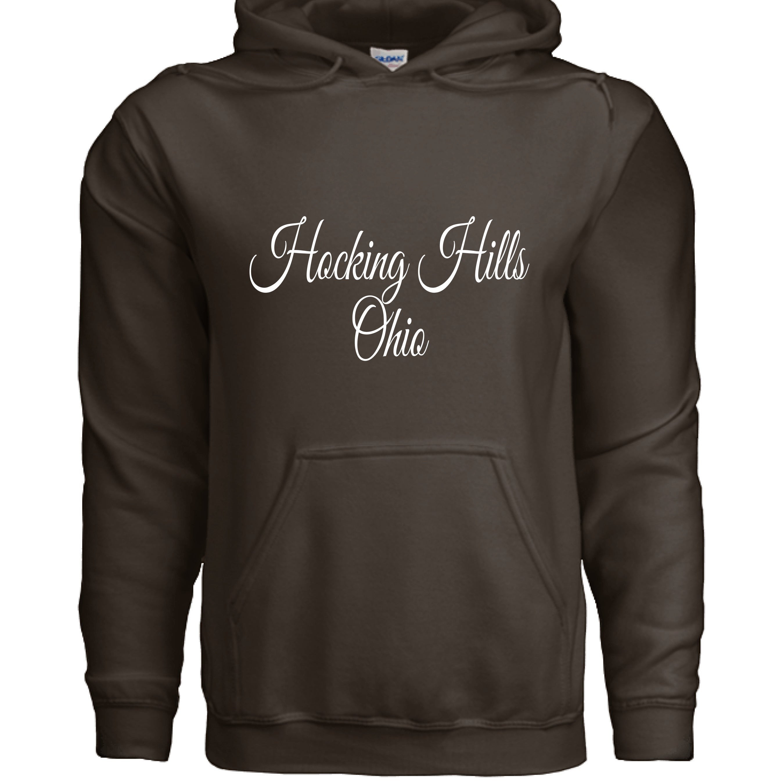 The Hocking Hills Store script hoodie in brown, made from a cotton-polyester blend, featuring a pouch pocket and drawstring hood.