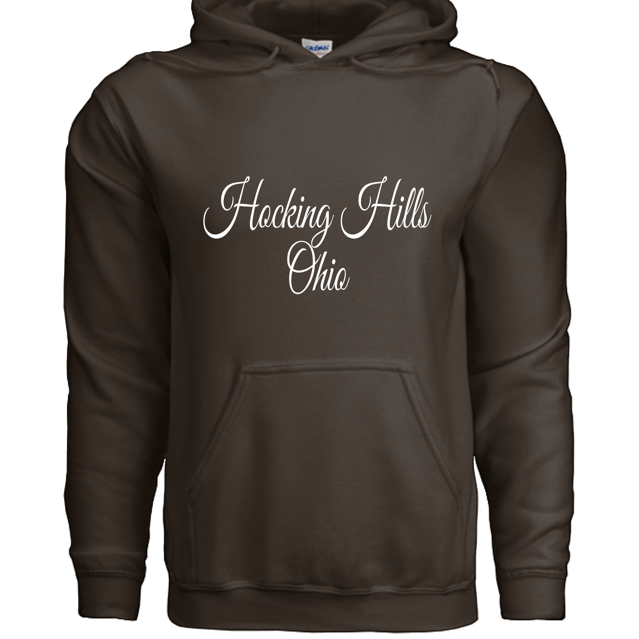 The Hocking Hills Store script hoodie in brown, made from a cotton-polyester blend, featuring a pouch pocket and drawstring hood.
