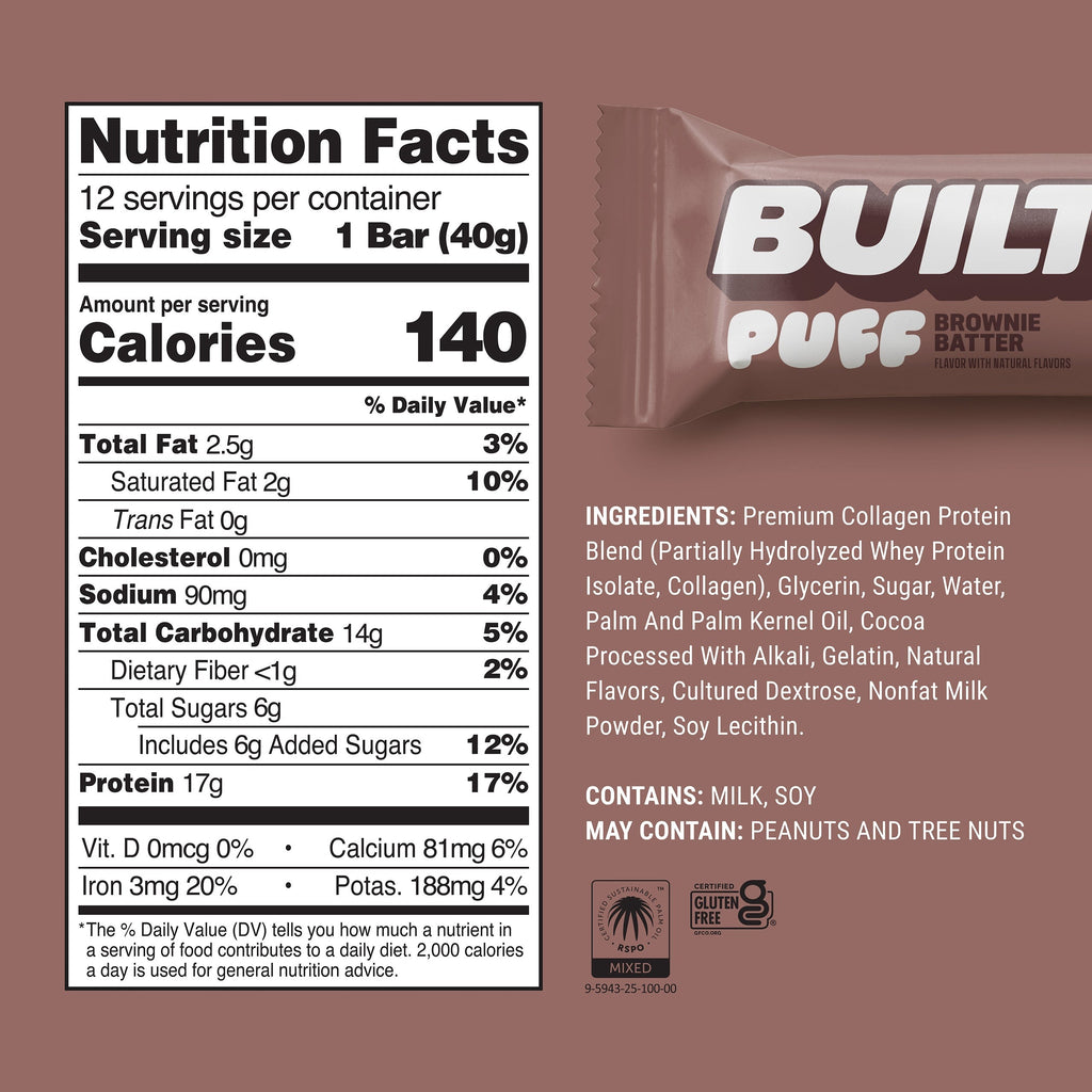 The Hocking Hills Store Brownie Batter Puff protein bar, gluten-free with marshmallow and chocolate coating.
