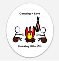 The Hocking Hills Store Camping = Love bumper sticker with stick figures roasting marshmallows by a campfire.