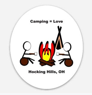 The Hocking Hills Store Camping = Love bumper sticker with stick figures roasting marshmallows by a campfire.