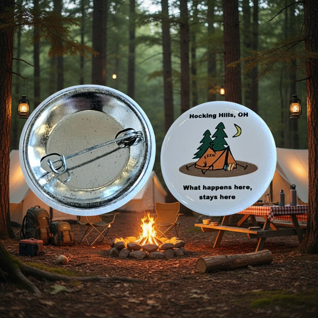 The Hocking Hills Store "What Happens Here Stays Here" button features a cartoon camping scene with a tent, trees, and moon. It has a pin back.
