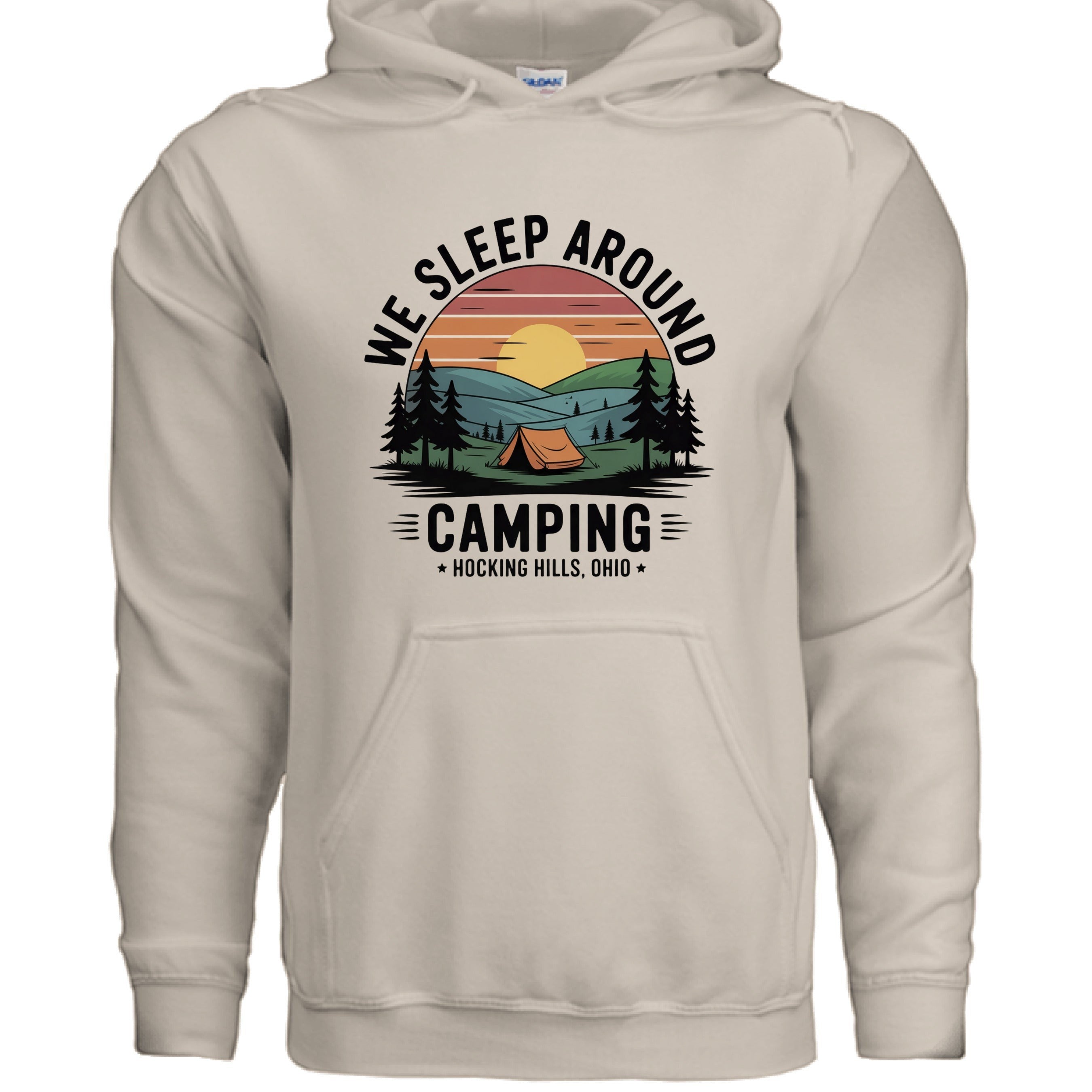 The Hocking Hills Store beige cotton-blend hoodie with a graphic print of a sunset over a campsite with the text "We Sleep Around Camping Hocking Hills, Ohio".