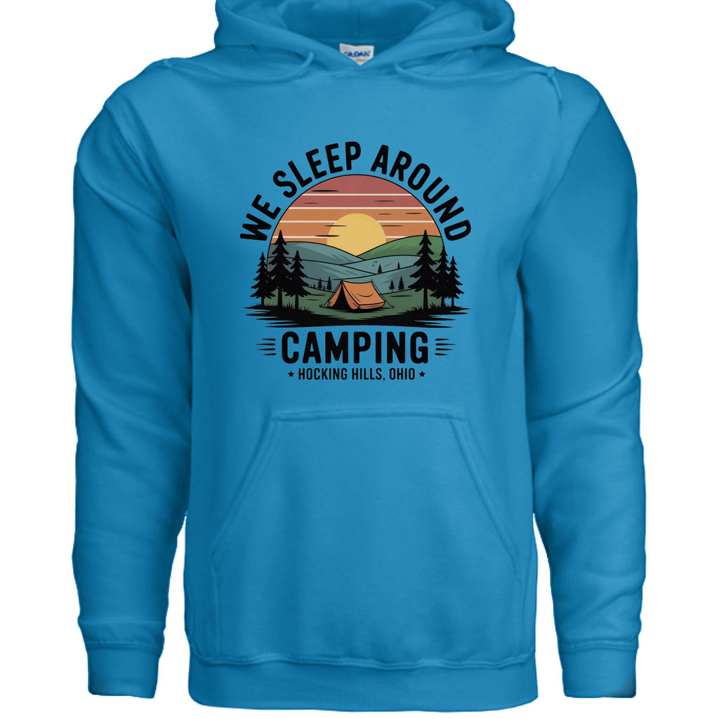 The Hocking Hills Store blue cotton blend hoodie with a graphic that says "We Sleep Around Camping Hocking Hills, Ohio" featuring a sunset, tent, and trees.