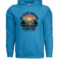 The Hocking Hills Store blue cotton blend hoodie with a graphic that says "We Sleep Around Camping Hocking Hills, Ohio" featuring a sunset, tent, and trees.
