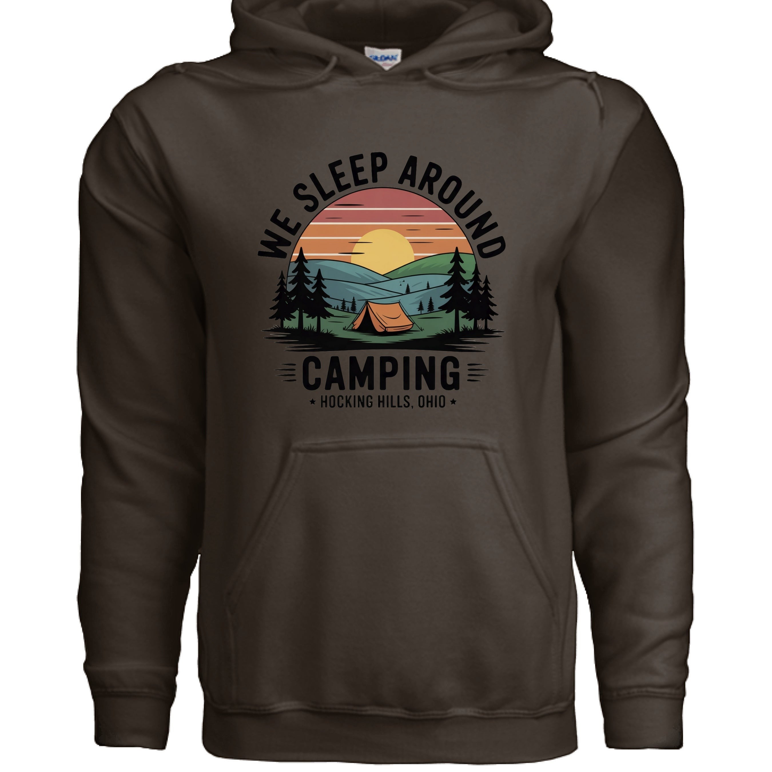 The Hocking Hills Store brown cotton-polyester blend hoodie with a graphic featuring a sunset over rolling hills, trees, and a tent, with text 'We Sleep Around Camping Hocking Hills, Ohio'.