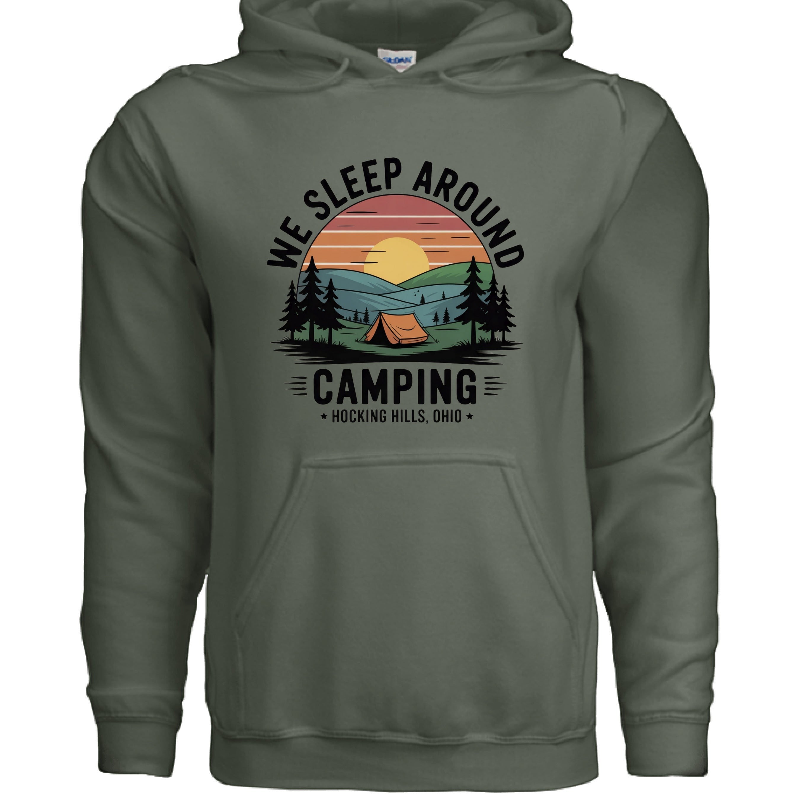 The Hocking Hills Store olive green cotton-blend hoodie with a graphic that says "We Sleep Around Camping Hocking Hills, Ohio" and features a sunset, tent, and trees.