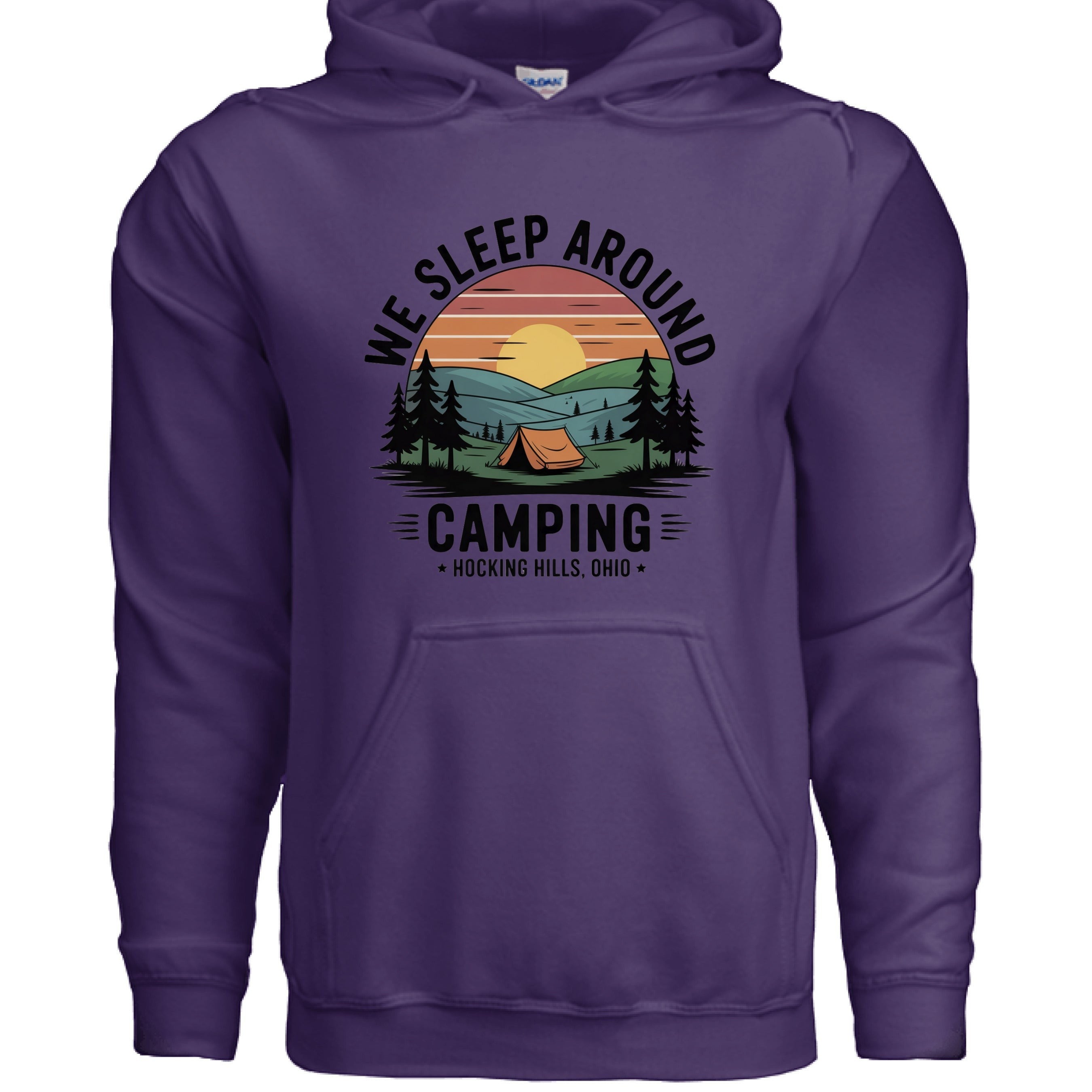 The Hocking Hills Store purple cotton-blend hoodie with a graphic print of a sunset over a campsite with the text "We Sleep Around Camping Hocking Hills, Ohio".