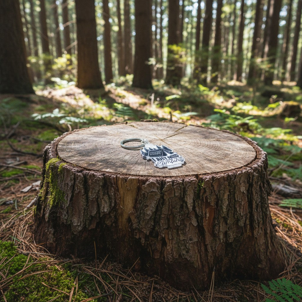 The Hocking Hills Store camping keychain with a tent, pine trees, and the quote 'I don't need therapy, I just need to go camping'.
