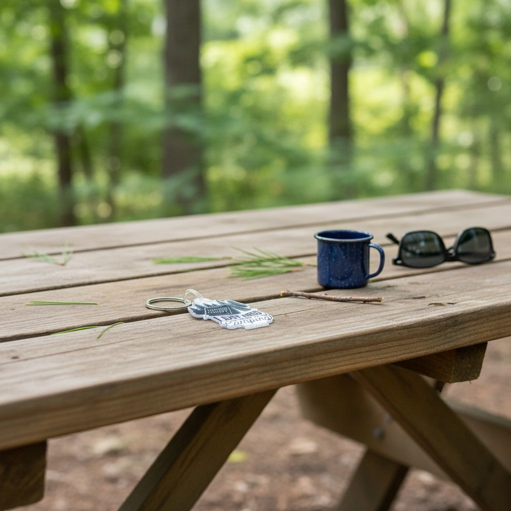 The Hocking Hills Store camping keychain features a tent, pine trees, and the quote 'I don't need therapy, I just need to go camping'.