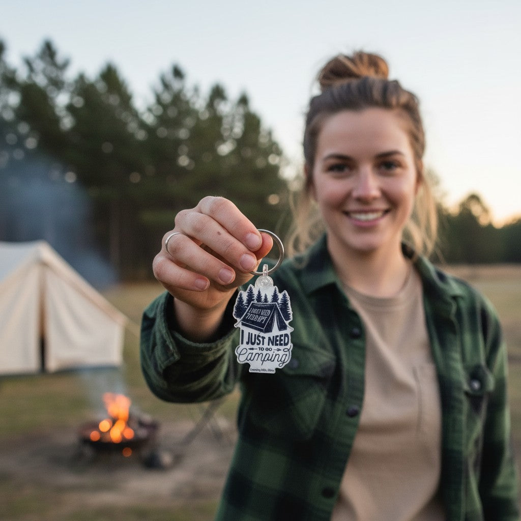 The Hocking Hills Store camping keychain features a tent, pine trees, and the quote "I don't need therapy, I just need to go camping."