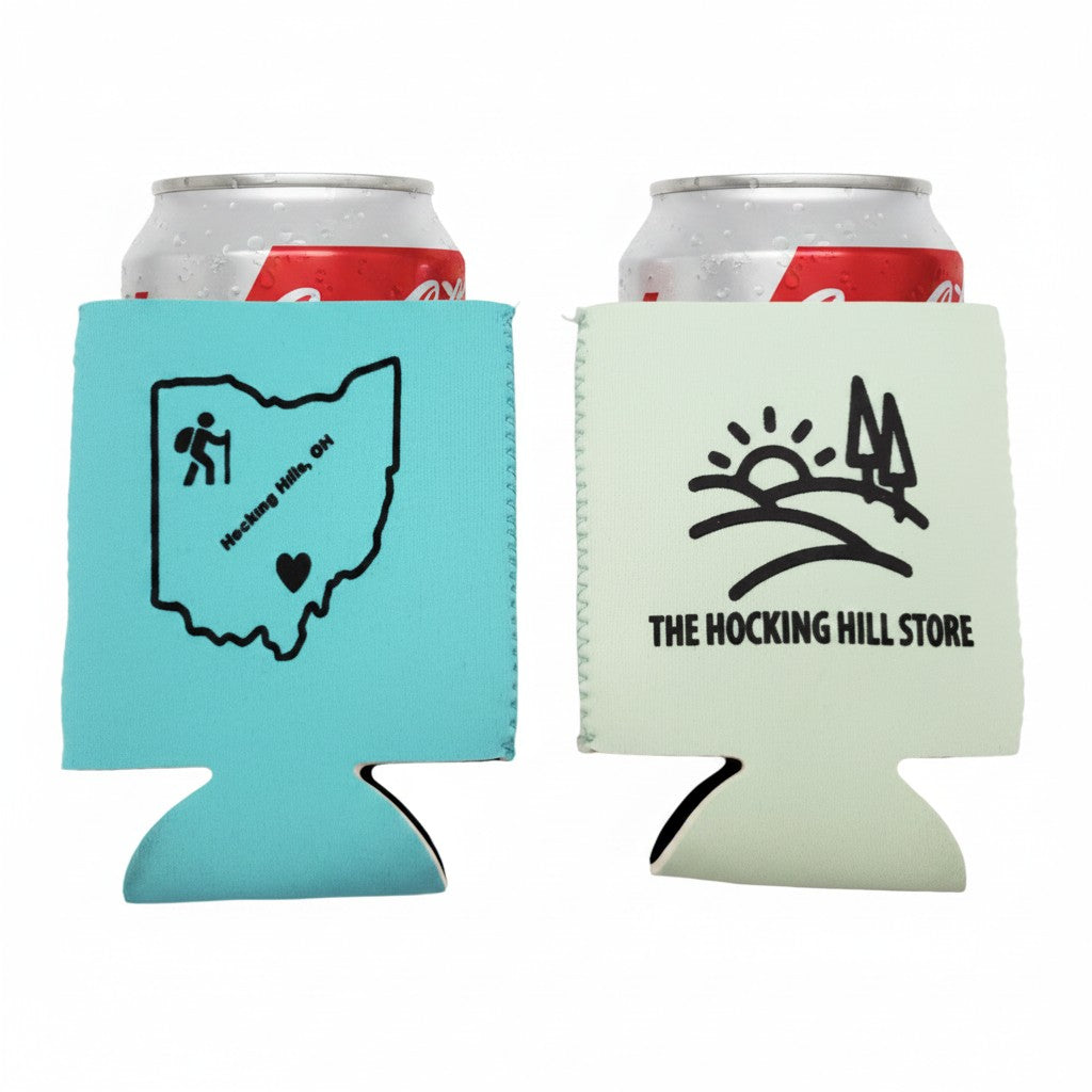 The Hocking Hills Store teal and light green can coolers with Ohio map and hiking graphic, and store logo.