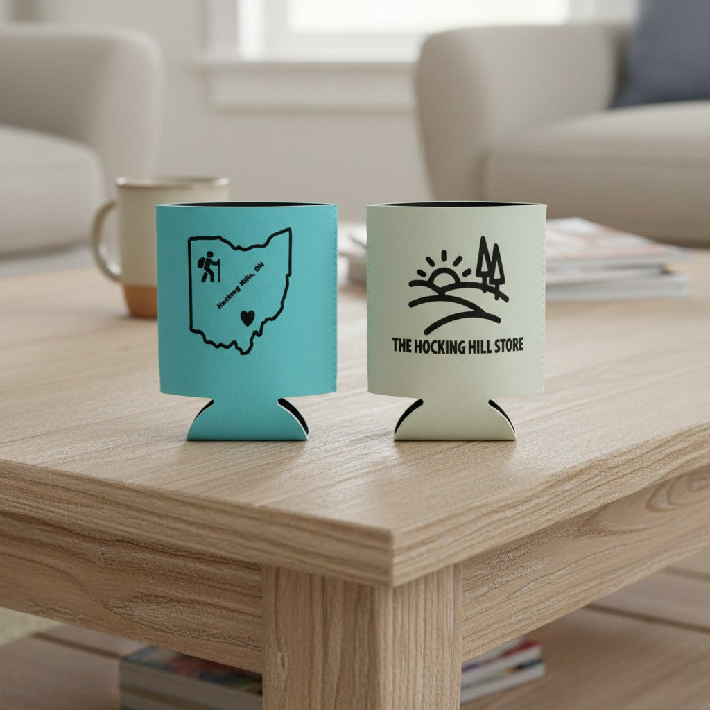 The Hocking Hills Store teal and mint green can coolers with Ohio map and hiking graphic, and store logo.