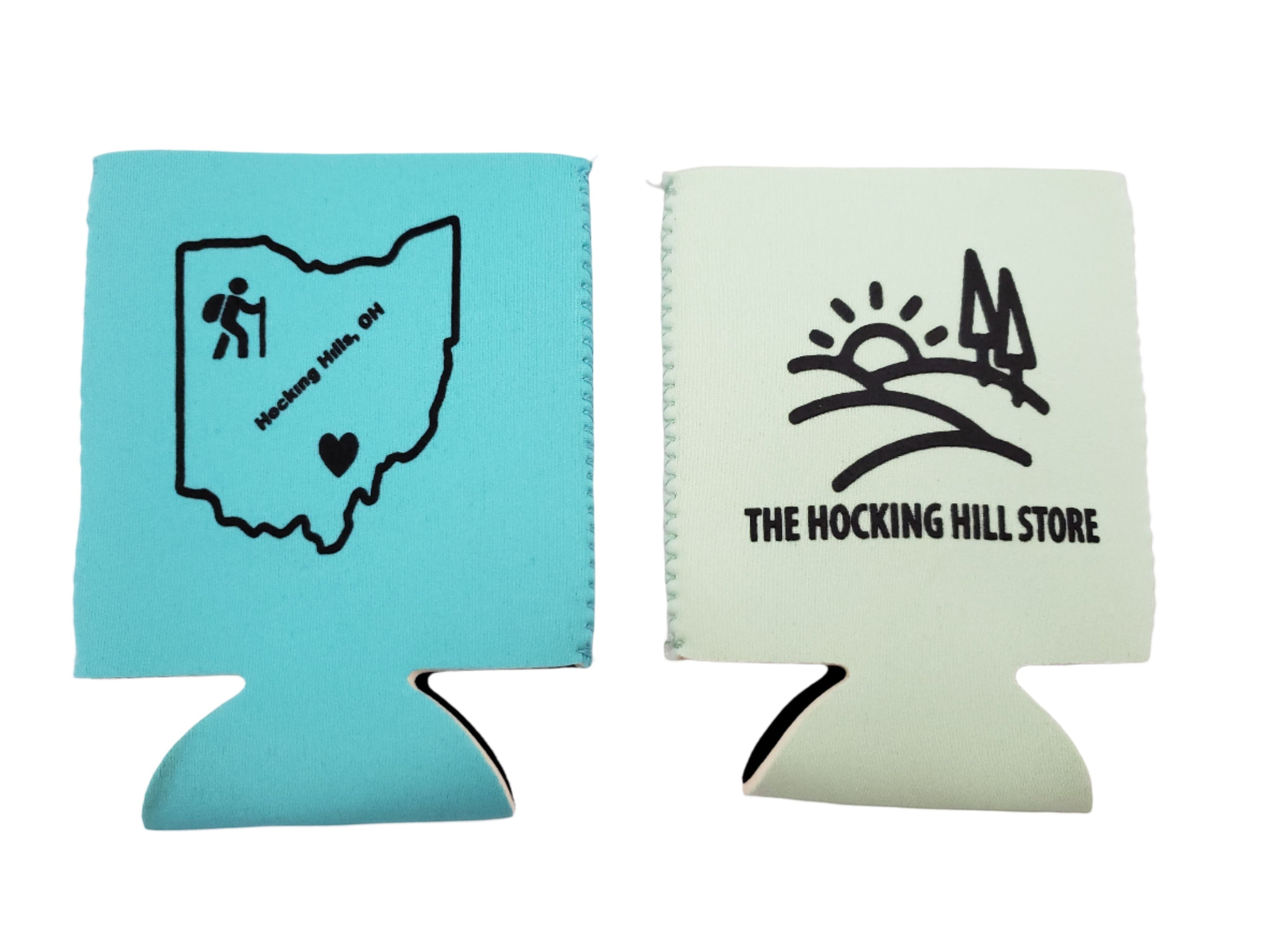 The Hocking Hills Store teal and mint green can coolers with Ohio map and hiking graphic, and store logo.