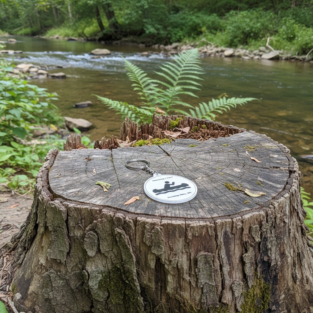The Hocking Hills Store keychain with "Canoeing = Love" and a graphic of a person in a canoe on waves. Hocking Hills, OH.