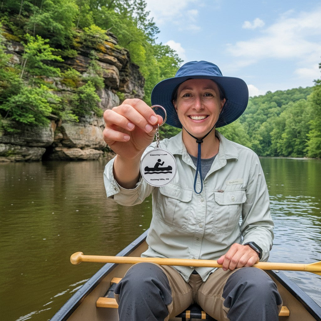 The Hocking Hills Store keychain with "Canoeing = Love" and a graphic of a person in a canoe on waves. Hocking Hills, OH.