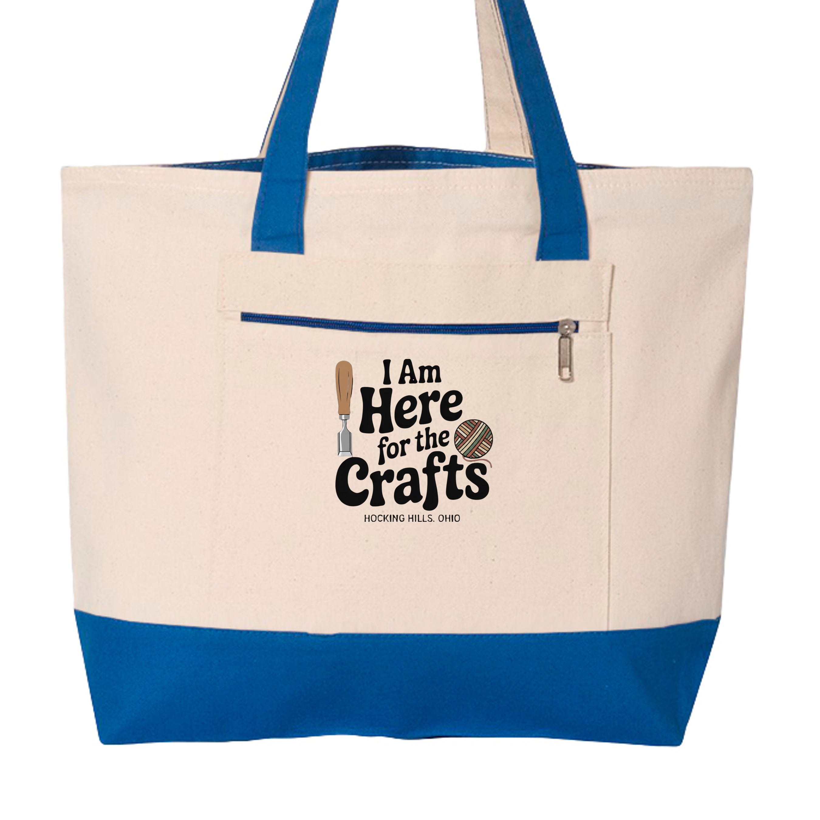 The Hocking Hills Store heavy cotton canvas tote bag with blue trim, zipper closure, and Here For Crafts print.