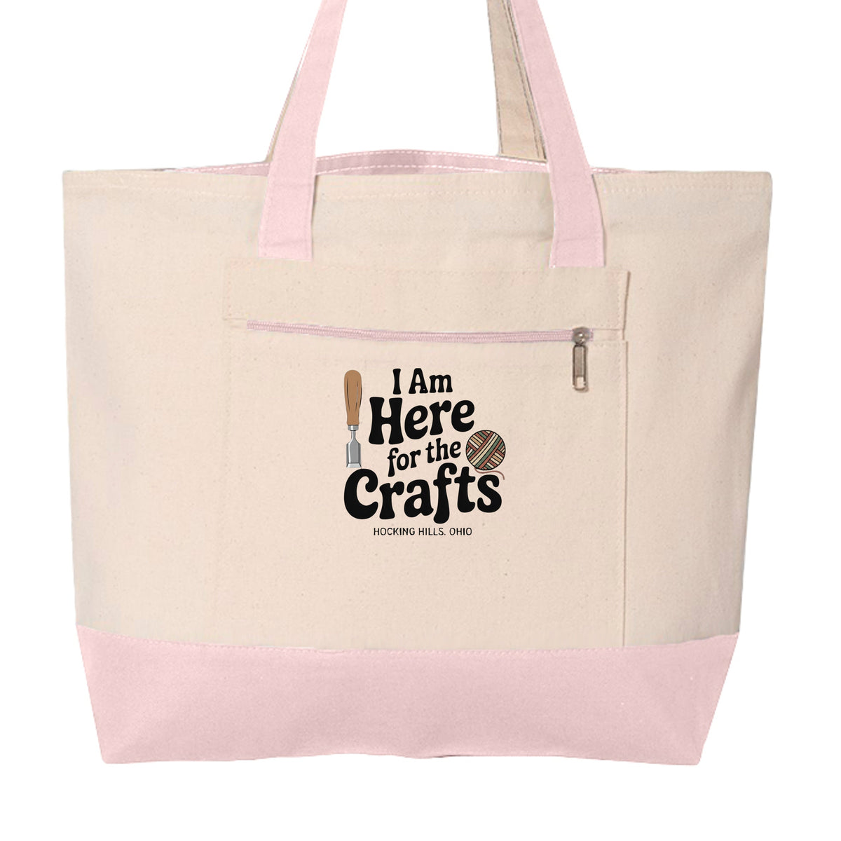The Hocking Hills Store heavy cotton canvas zippered tote in natural with pink accents and Here For Crafts graphic.