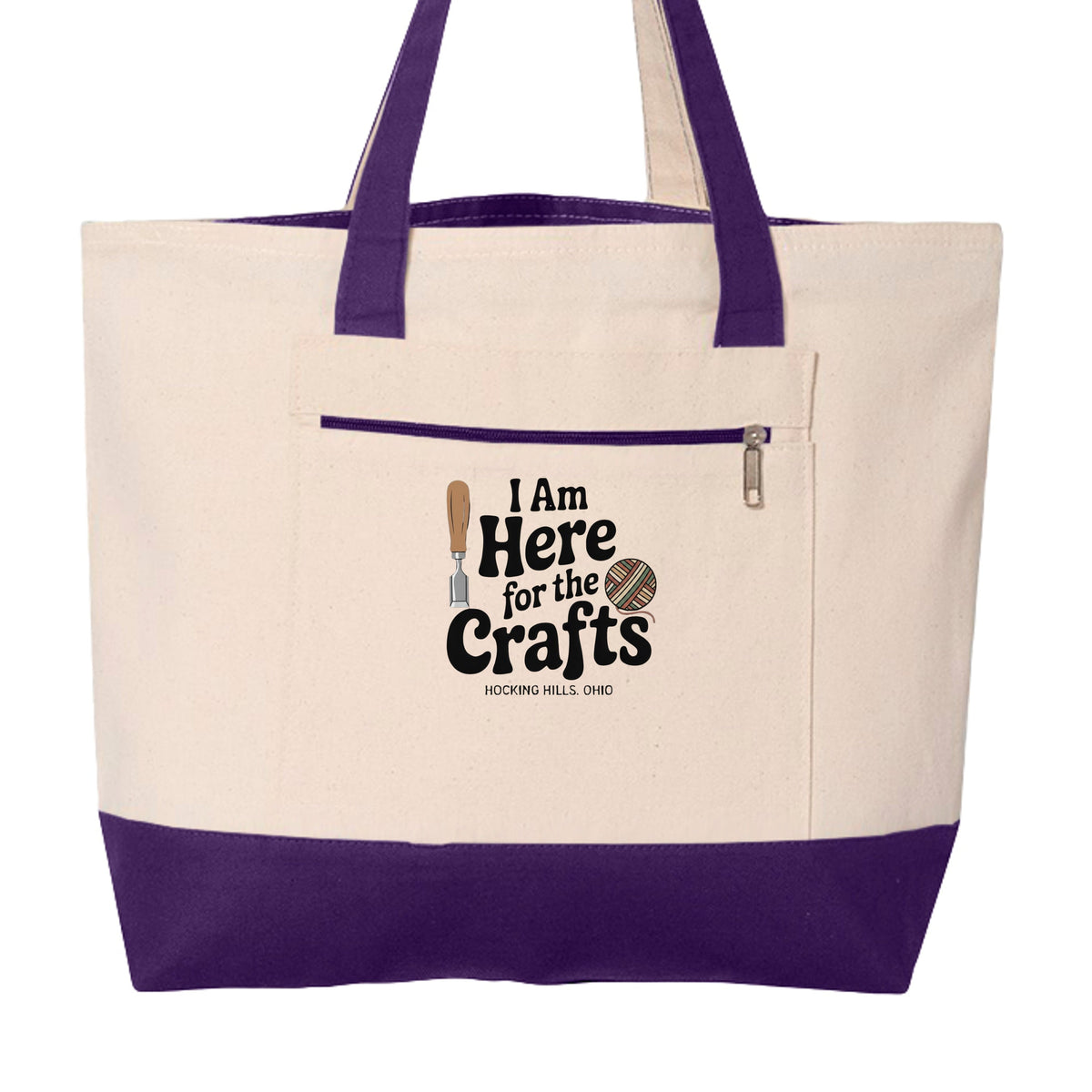 The Hocking Hills Store heavy cotton canvas zippered tote bag in natural and purple with Here For Crafts graphic.