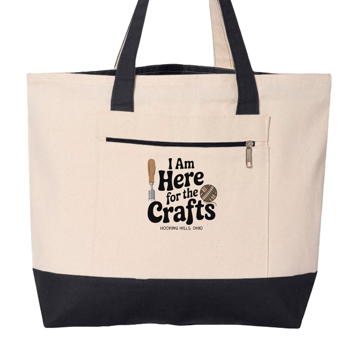 The Hocking Hills Store heavy cotton canvas zippered tote bag with black base and Here For Crafts graphic print