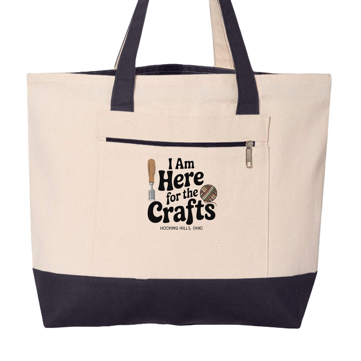 The Hocking Hills Store heavy cotton canvas zippered tote with Here For Crafts graphic and black bottom panel