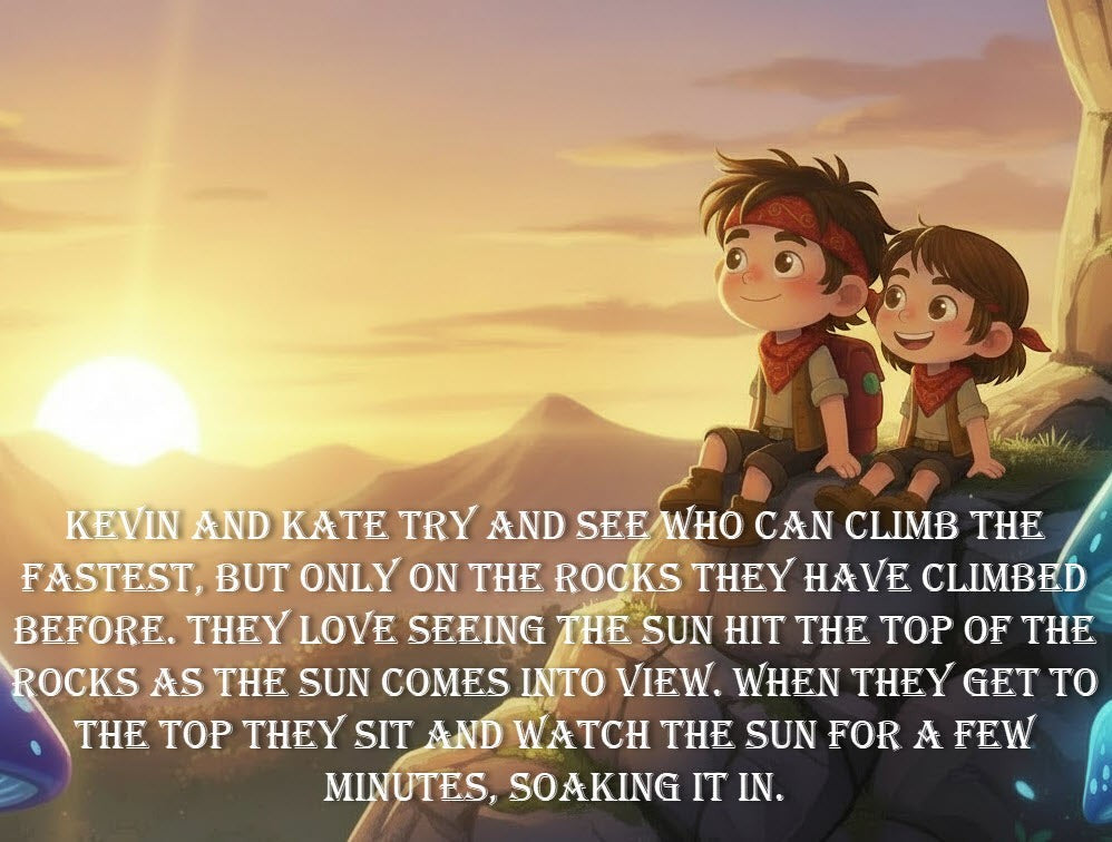 The Hocking Hills Store: Two cartoon children, Kevin and Kate, sit on rocks watching the sunrise. They wear adventuring outfits.
