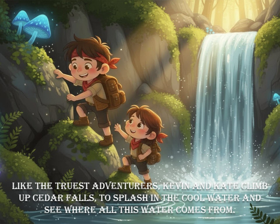 The Hocking Hills Store: Children Kevin and Kate climb rocks near a waterfall, exploring nature with backpacks and red bandanas.