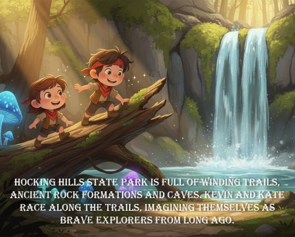 The Hocking Hills Store's "The Cave Kids Adventures" book cover art shows two children exploring a forest with a waterfall.