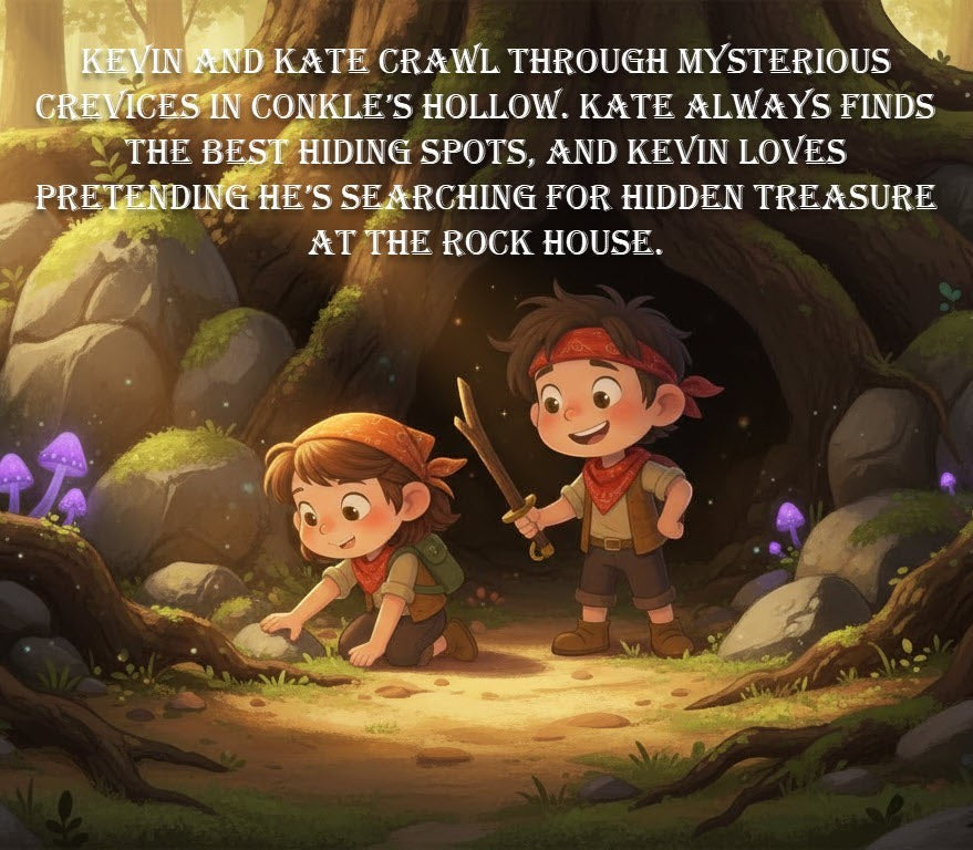 The Hocking Hills Store's The Cave Kids Adventures book cover: two children explore a forest cave with glowing mushrooms.