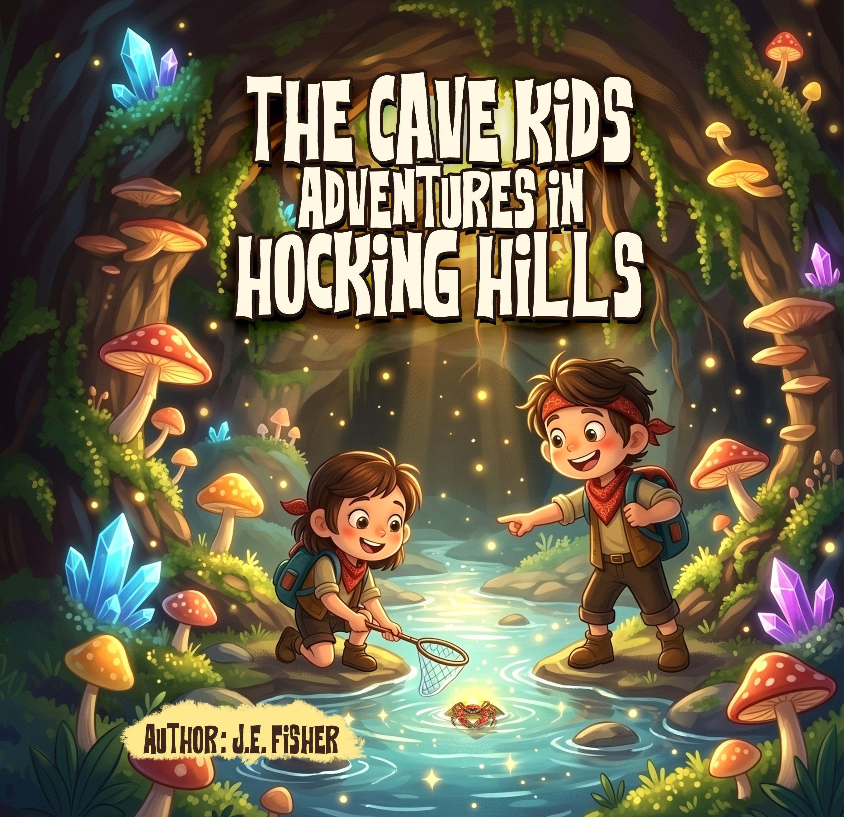 The Hocking Hills Store: The Cave Kids Adventures in Hocking Hills paperback book cover art featuring two children exploring a magical forest with glowing mushrooms and crystals.