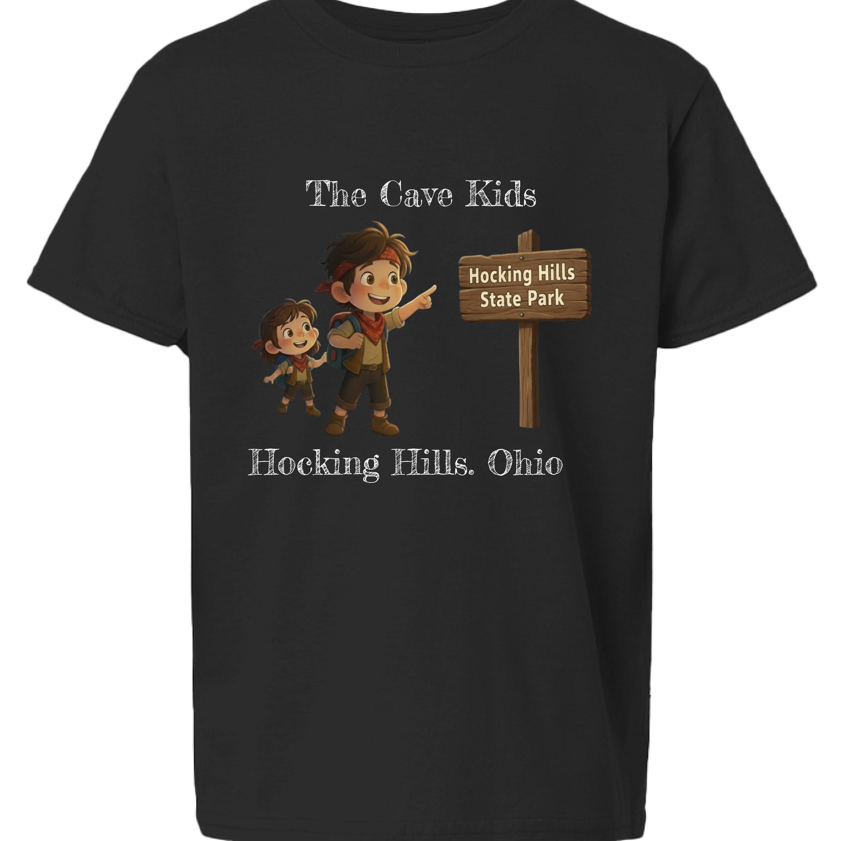 The Hocking Hills Store black cotton t-shirt with "The Cave Kids" graphic featuring two children pointing to a Hocking Hills State Park sign.