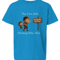 The Hocking Hills Store blue cotton t-shirt with 'The Cave Kids' graphic and Hocking Hills State Park sign.