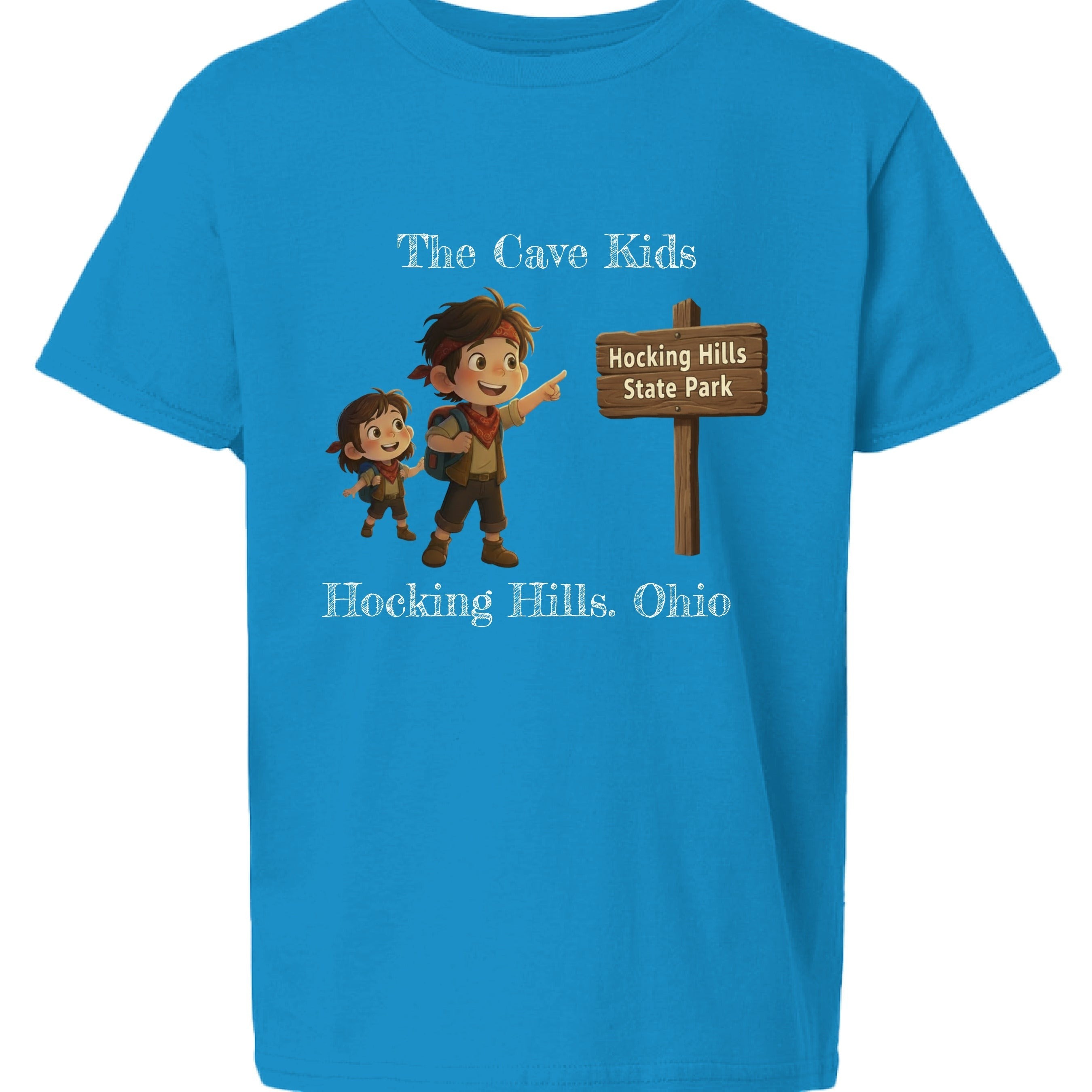 The Hocking Hills Store blue cotton t-shirt with 'The Cave Kids' graphic and Hocking Hills State Park sign.