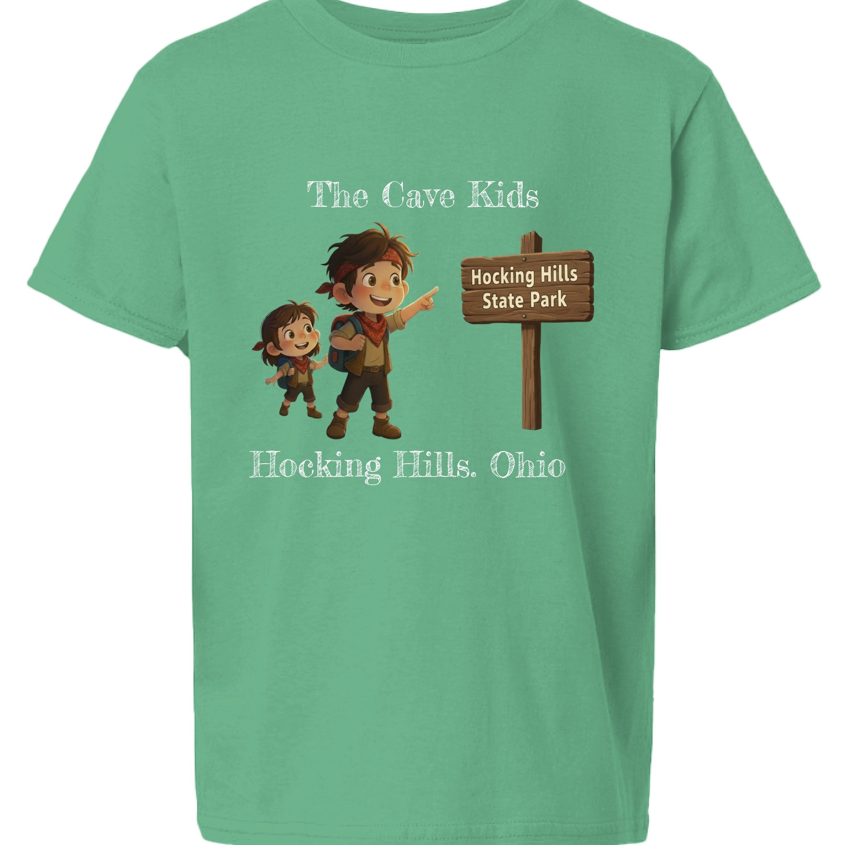The Hocking Hills Store green cotton t-shirt with 'The Cave Kids' graphic featuring two children pointing to a Hocking Hills State Park sign.