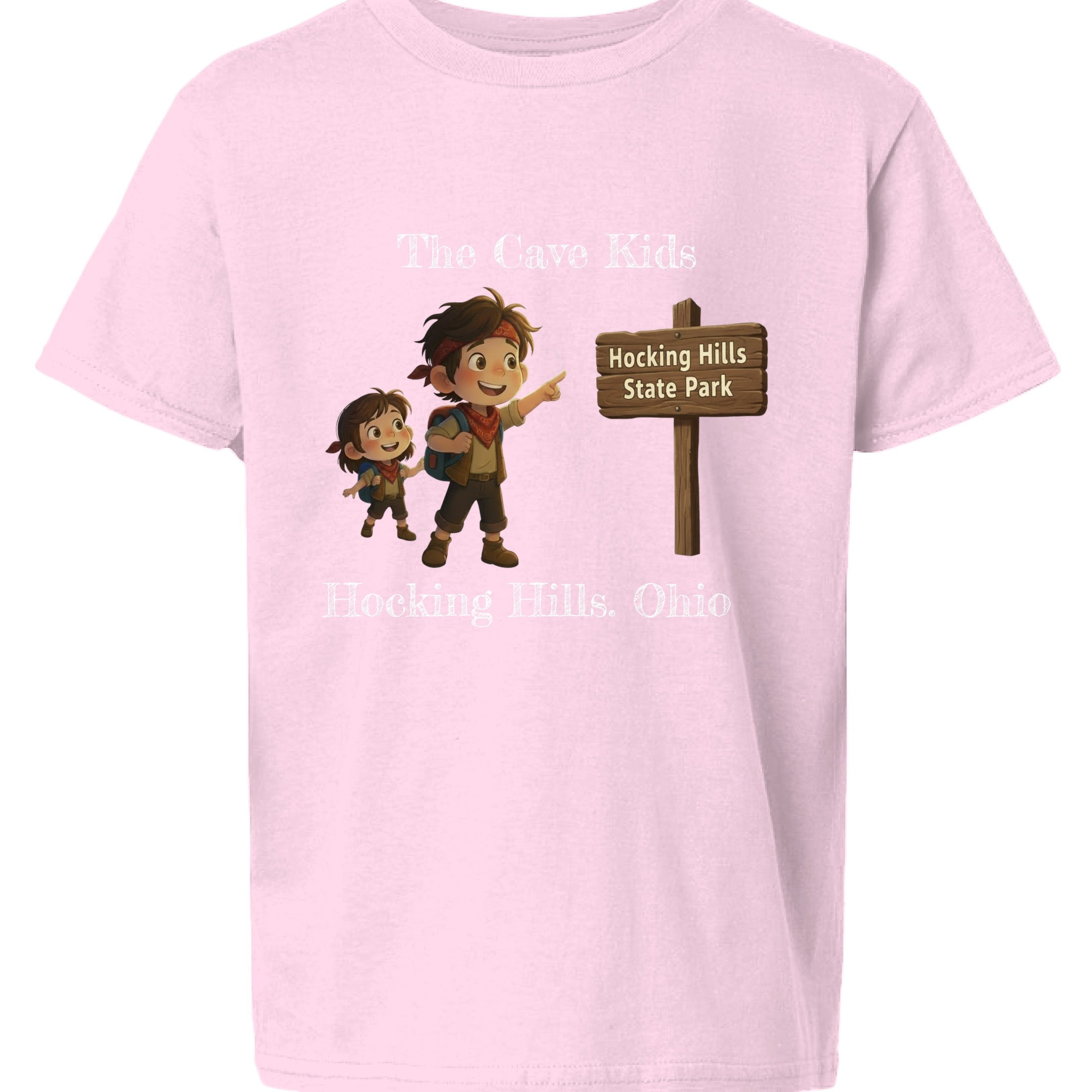 The Hocking Hills Store pink cotton t-shirt with 'The Cave Kids' graphic, two children pointing at a Hocking Hills State Park sign.