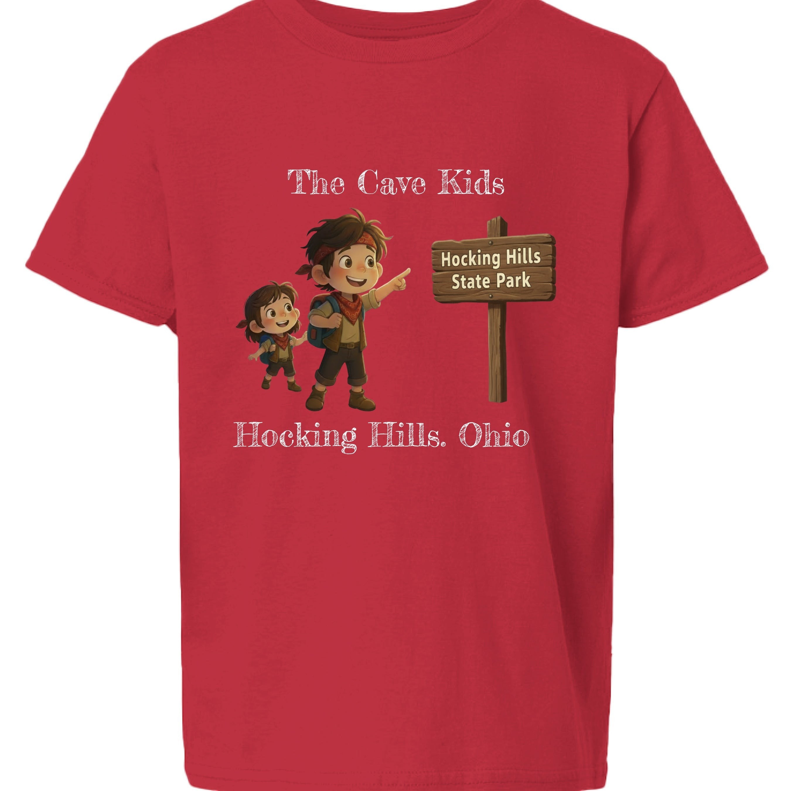 The Hocking Hills Store red cotton t-shirt with 'The Cave Kids' graphic featuring two children pointing at a Hocking Hills State Park sign.