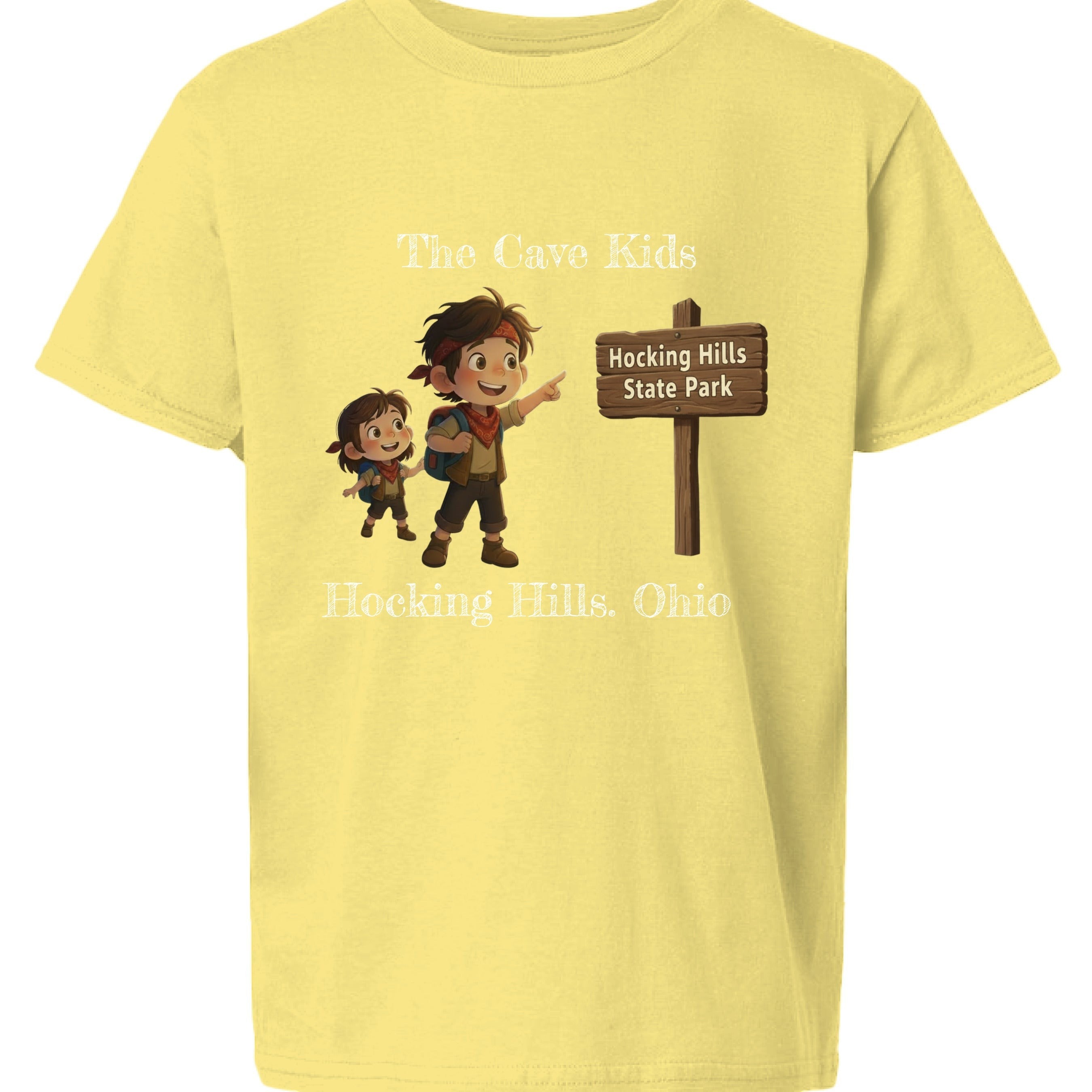 The Hocking Hills Store yellow cotton t-shirt with 'The Cave Kids' graphic featuring two children pointing to a Hocking Hills State Park sign.