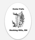 The Hocking Hills Store Cedar Falls Ohio bumper sticker with black and white sketch of waterfall and trees.