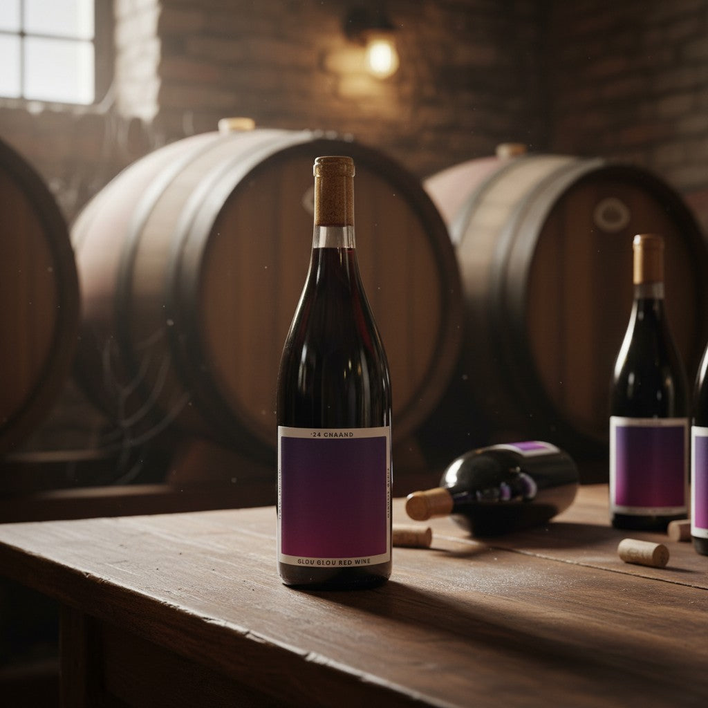 The Hocking Hills Store Chaand Glou Glou Red Wine bottle with a gradient purple and pink label and cork closure.