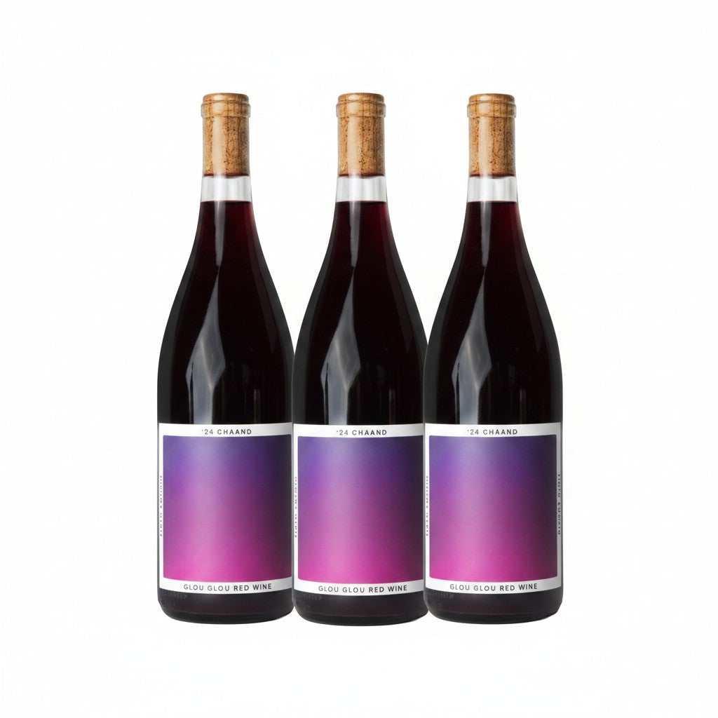 The Hocking Hills Store Chaand Glou Glou Red Wine bottle with a gradient purple label and cork closure.