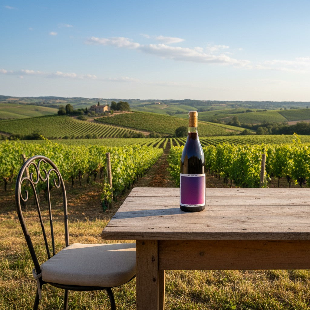 The Hocking Hills Store Chaand Glou Glou Red Wine bottle with a gradient purple label and cork stopper.