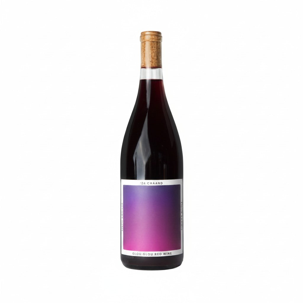 The Hocking Hills Store Chaand Glou Glou Red Wine bottle with a gradient purple label and cork top.
