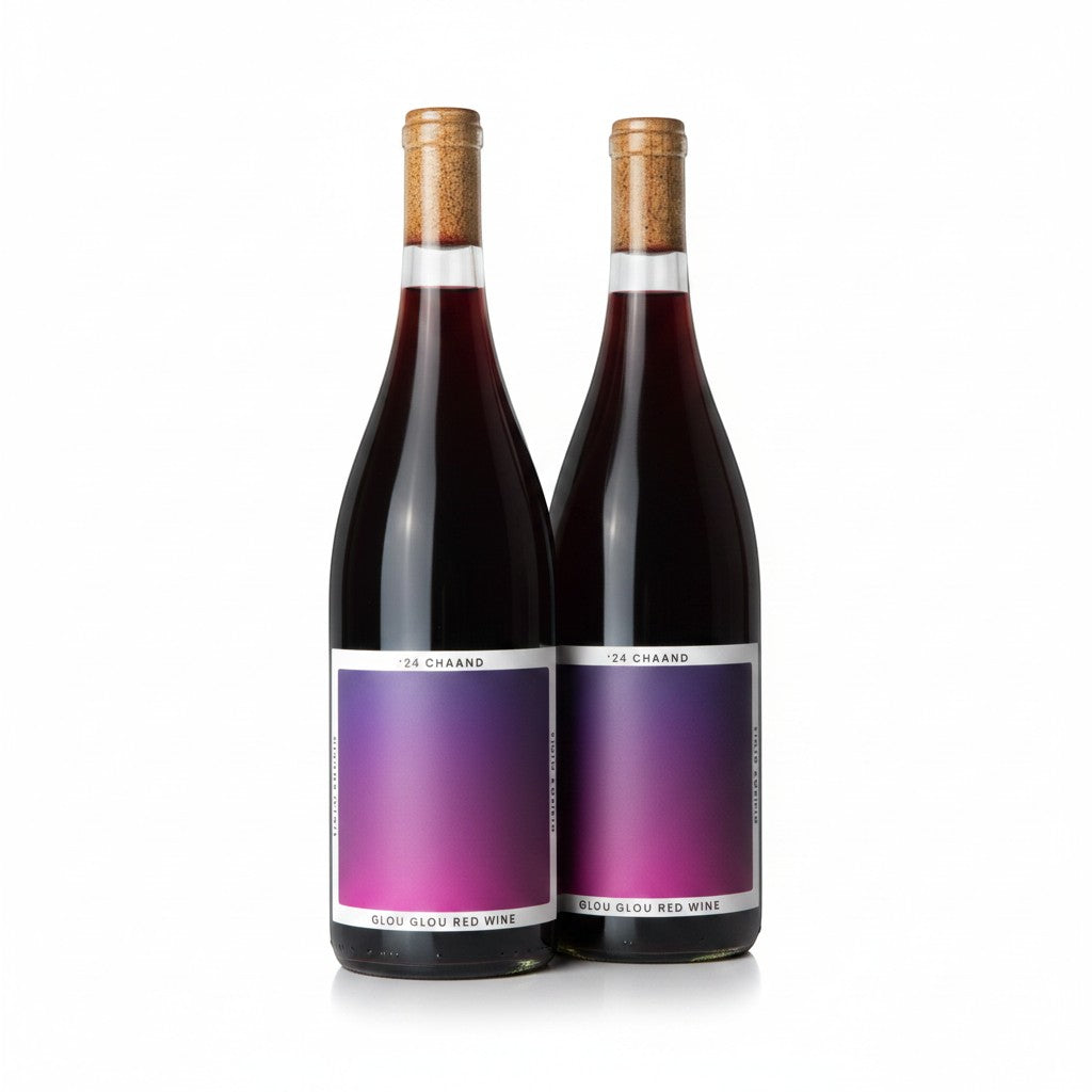 The Hocking Hills Store Chaand Glou Glou Red Wine bottles with purple gradient labels.